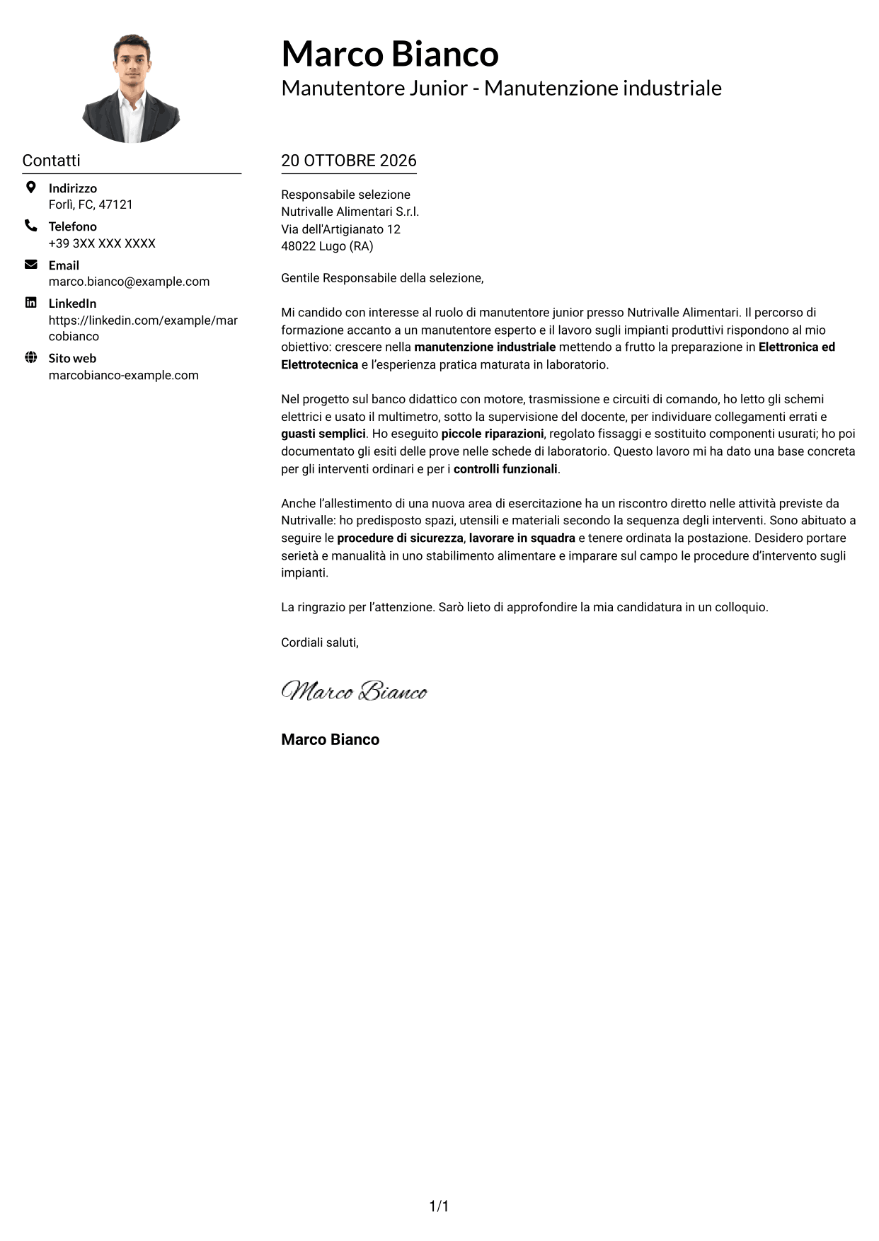 Esempio di lettera di presentazione — pagina 1