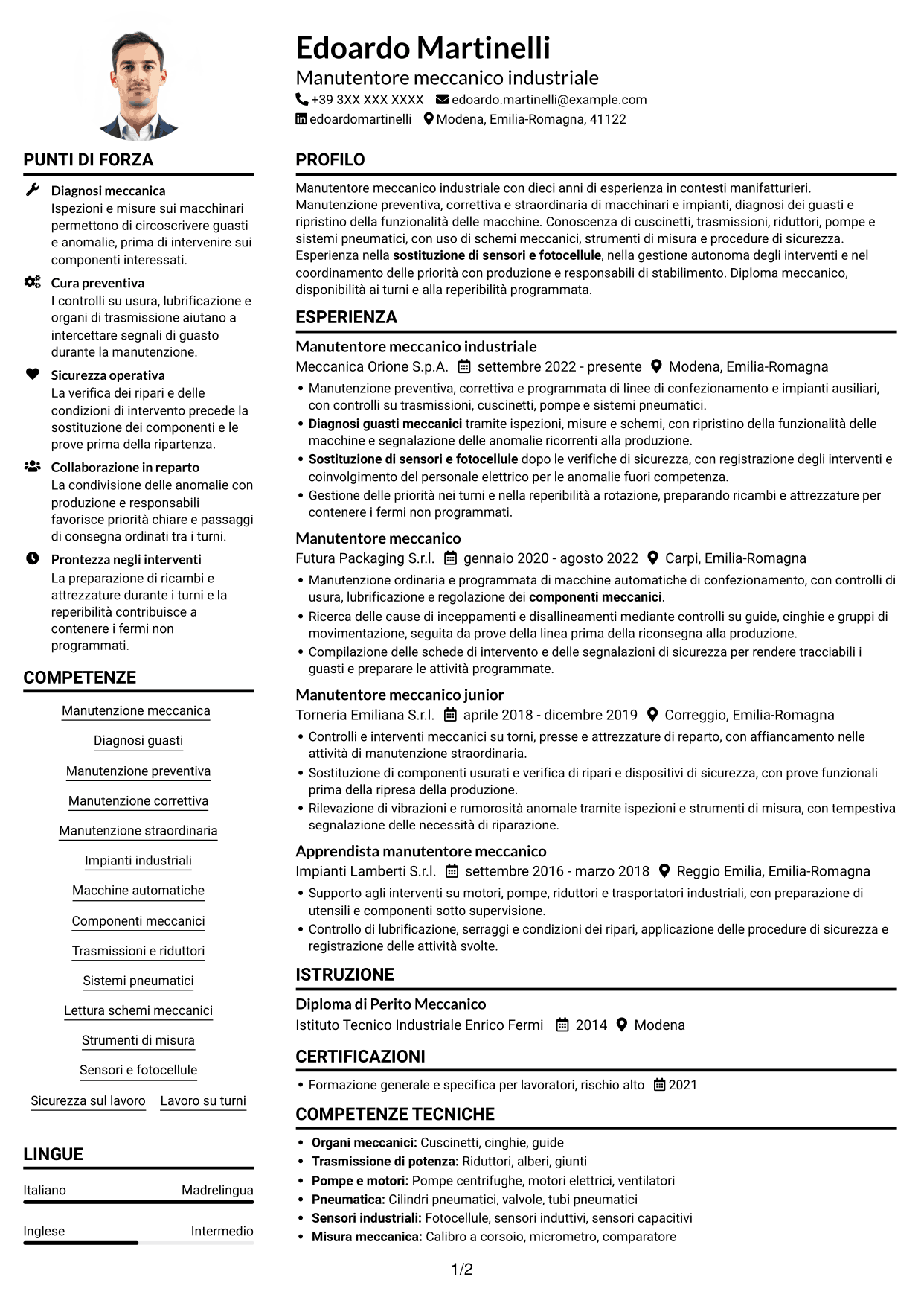 Esempio di curriculum — pagina 1