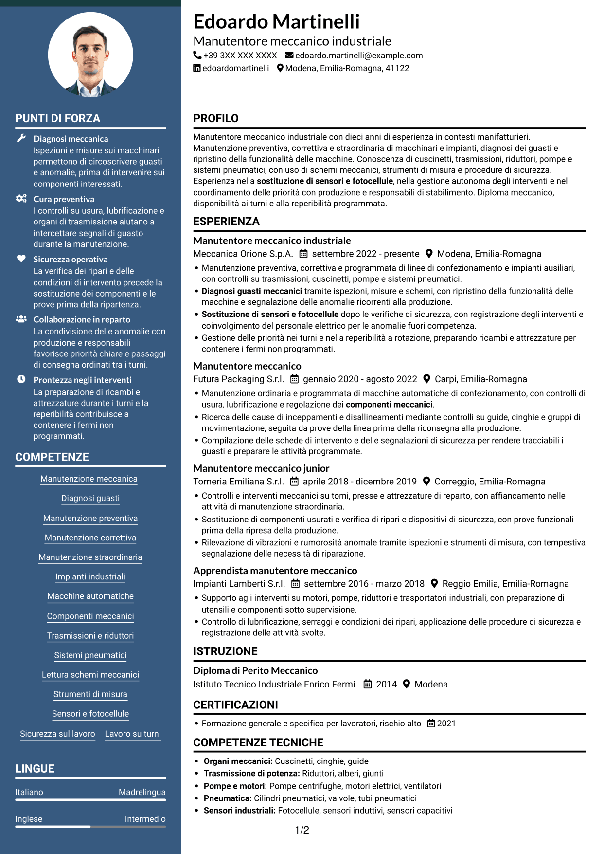CV Elegante (formato con colonna laterale colorata e foto): Manutentore Meccanico - Impianti Industriali, pagina 1