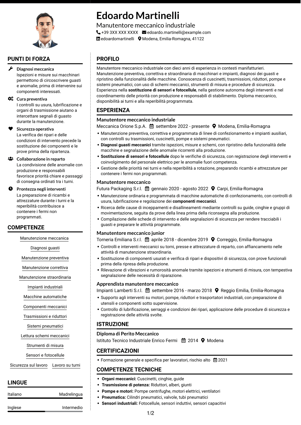 CV Moderno (formato a due colonne con foto a sinistra e separatore): Manutentore Meccanico - Impianti Industriali, pagina 1