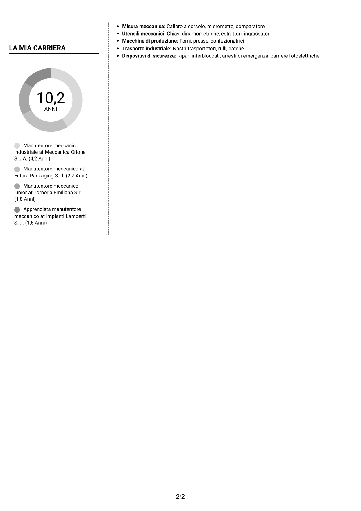 CV Moderno (formato a due colonne con foto a sinistra e separatore): Manutentore Meccanico - Impianti Industriali, pagina 2