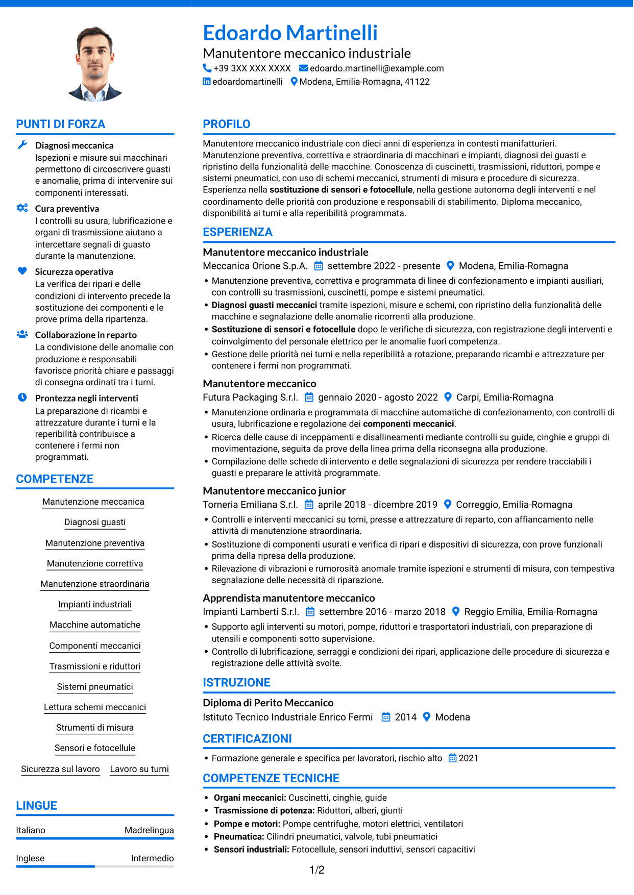CV Audace (formato a due colonne con accenti colorati e foto): Manutentore Meccanico - Impianti Industriali, pagina 1