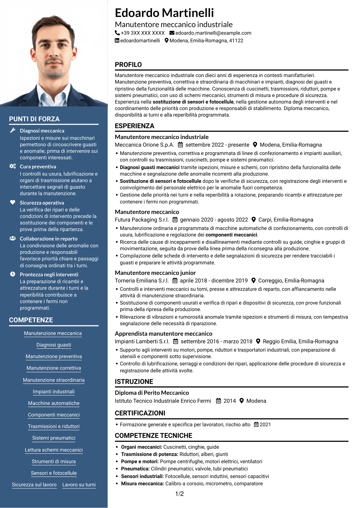 CV Signature (formato con colonna laterale colorata e foto grande): Manutentore Meccanico - Impianti Industriali, pagina 1