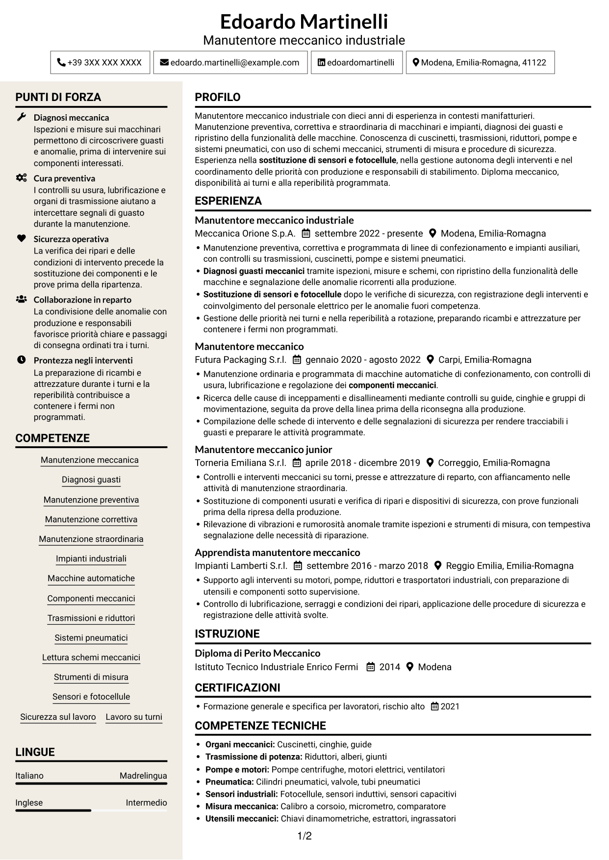 CV Intraprendente (formato a due colonne con intestazione centrata senza foto): Manutentore Meccanico - Impianti Industriali, pagina 1