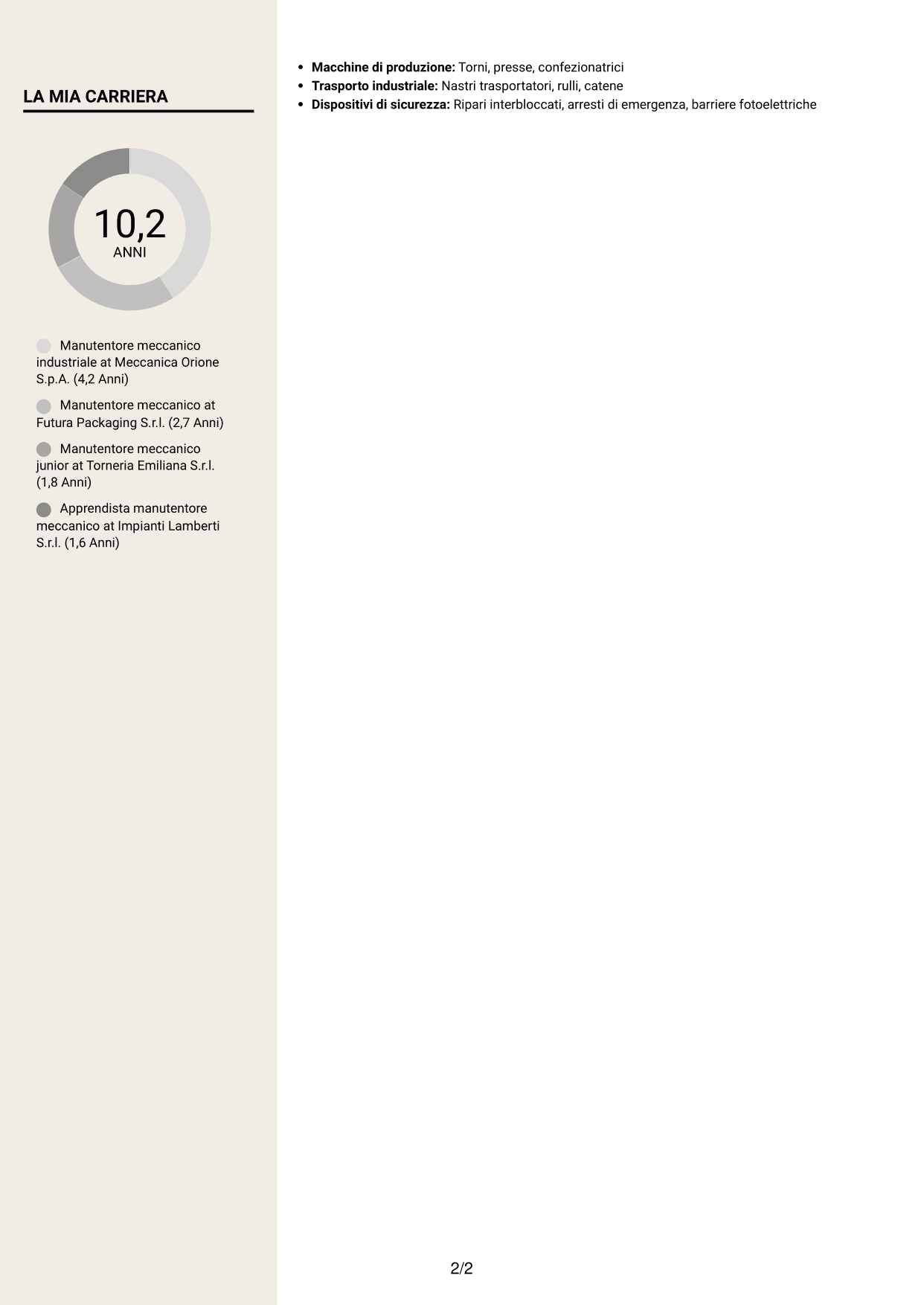 CV Intraprendente (formato a due colonne con intestazione centrata senza foto): Manutentore Meccanico - Impianti Industriali, pagina 2