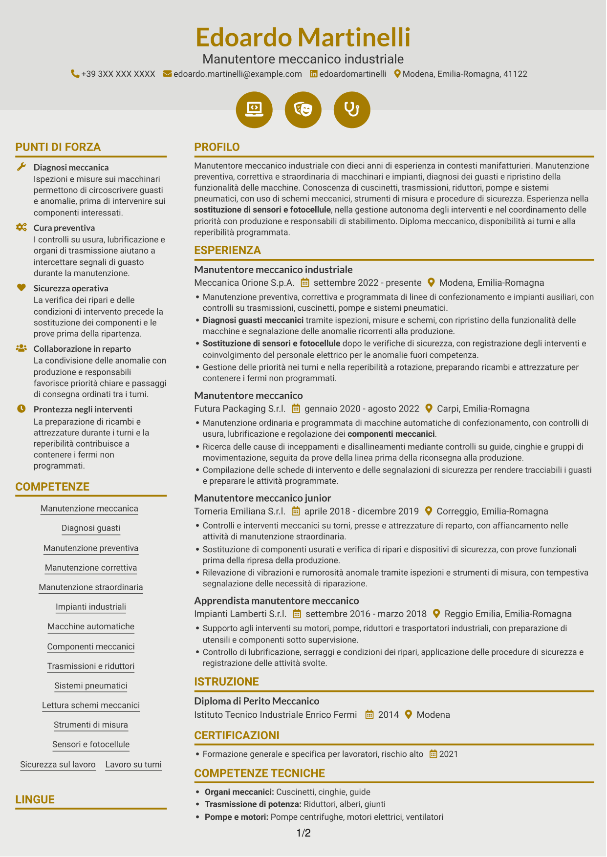 CV Dinamico (formato a due colonne con icone): Manutentore Meccanico - Impianti Industriali, pagina 1