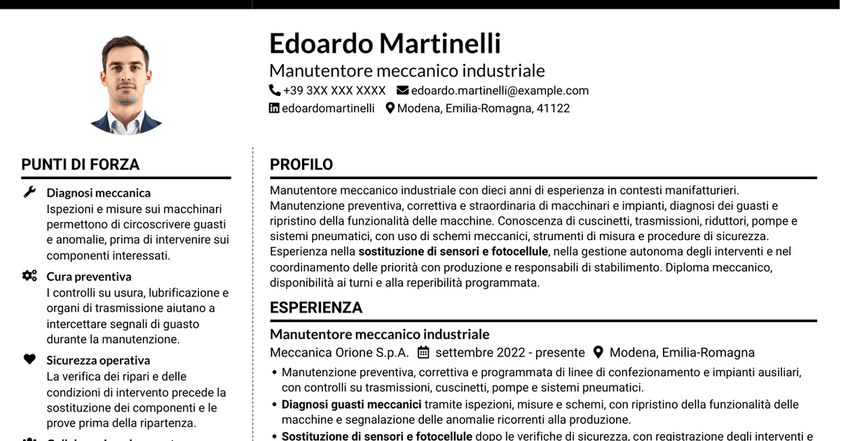 7 modelli di CV per Manutentore Meccanico - Impianti Industriali, con esempi