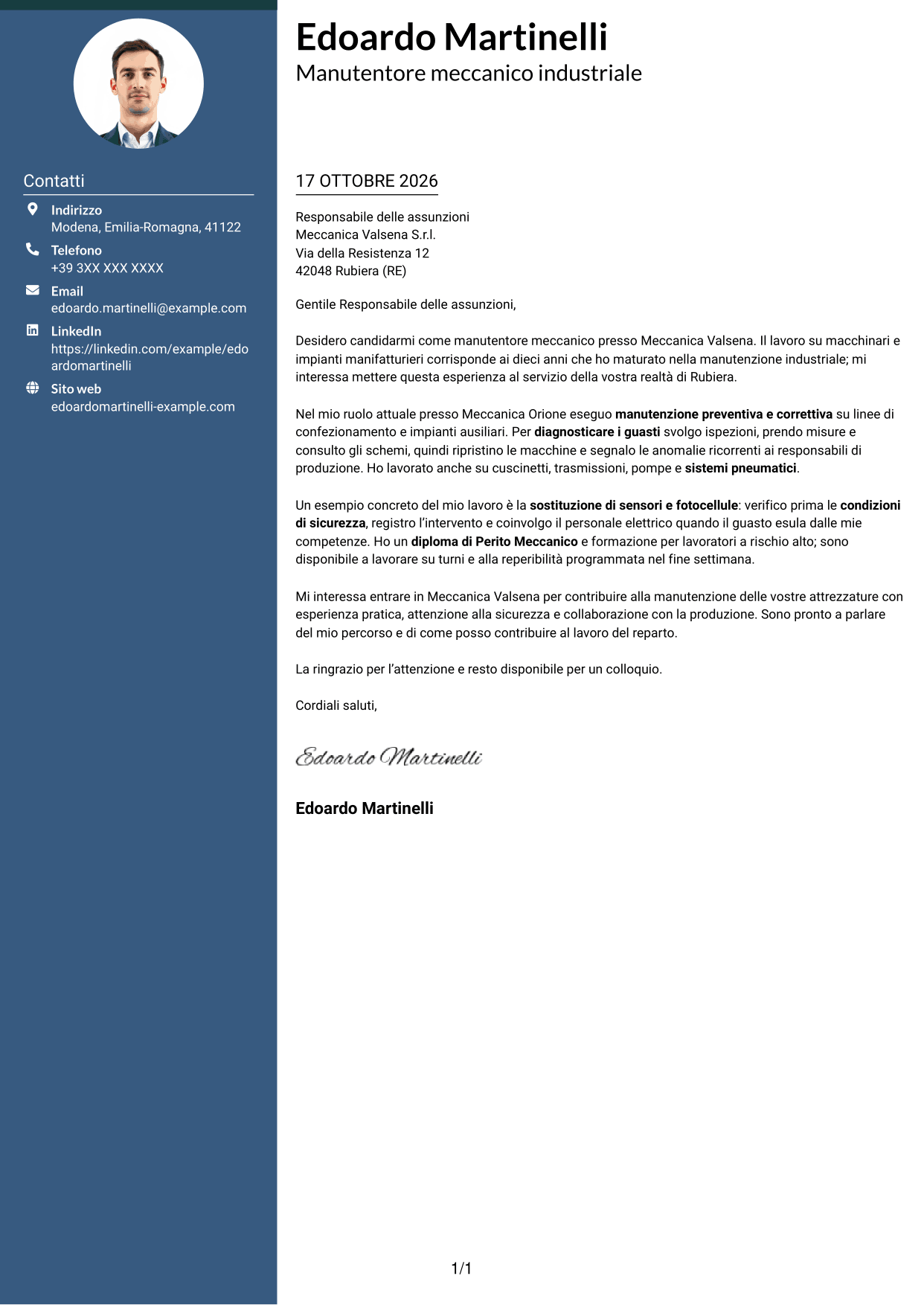 Lettera di presentazione Elegante (formato con colonna laterale colorata e foto): Manutentore Meccanico - Impianti Industriali, pagina 1