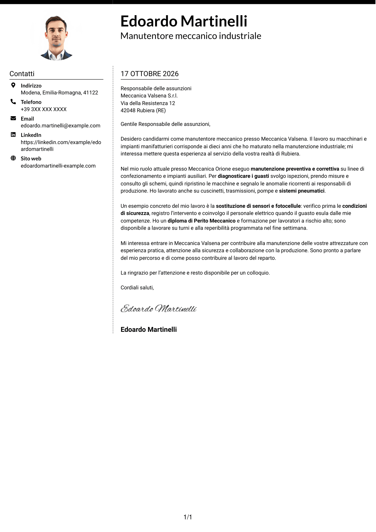Lettera di presentazione Moderno (formato a due colonne con foto a sinistra e separatore): Manutentore Meccanico - Impianti Industriali, pagina 1