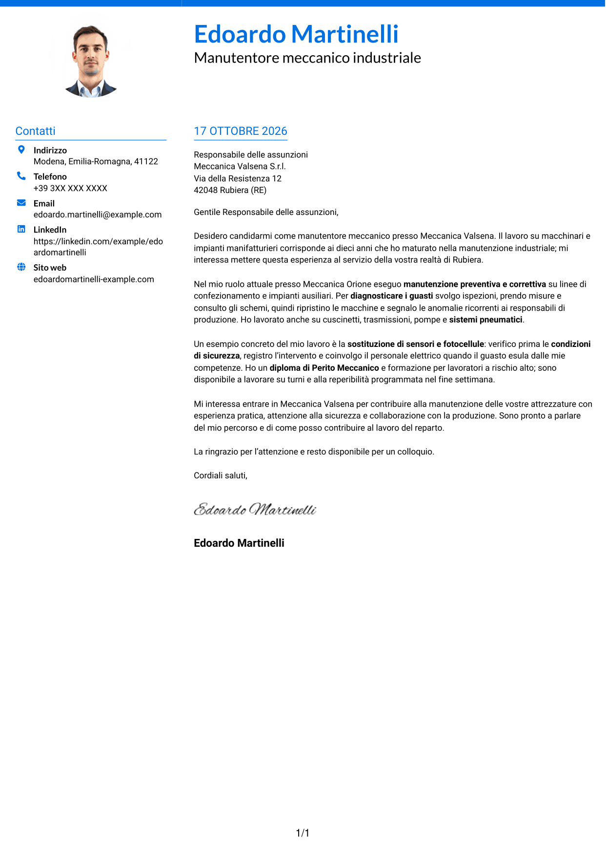 Lettera di presentazione Audace (formato a due colonne con accenti colorati e foto): Manutentore Meccanico - Impianti Industriali, pagina 1