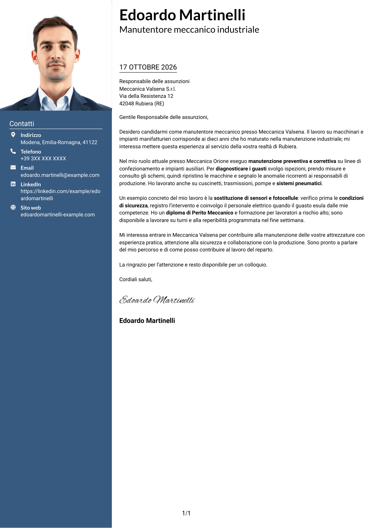 Lettera di presentazione Signature (formato con colonna laterale colorata e foto grande): Manutentore Meccanico - Impianti Industriali, pagina 1