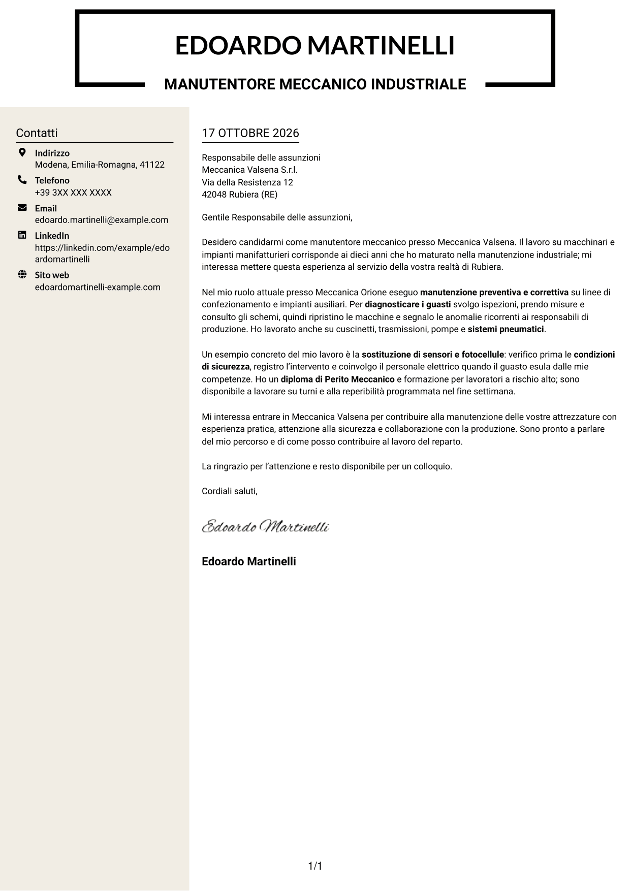 Lettera di presentazione Intraprendente (formato a due colonne con intestazione centrata senza foto): Manutentore Meccanico - Impianti Industriali, pagina 1
