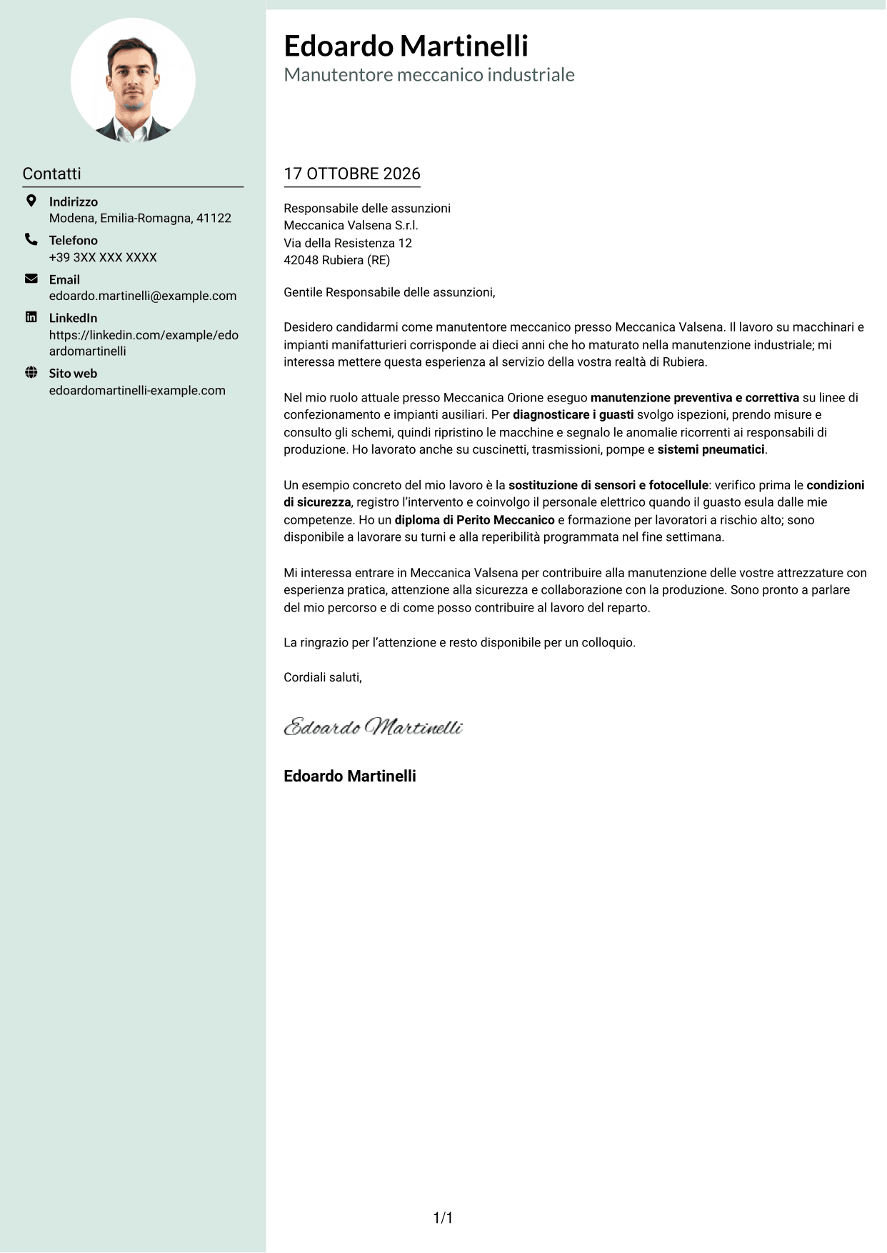 Lettera di presentazione Dirigente (formato con colonna laterale tenue e foto arrotondata): Manutentore Meccanico - Impianti Industriali, pagina 1