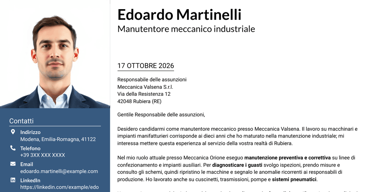 7 modelli di lettera di presentazione per Manutentore Meccanico - Impianti Industriali, con esempi