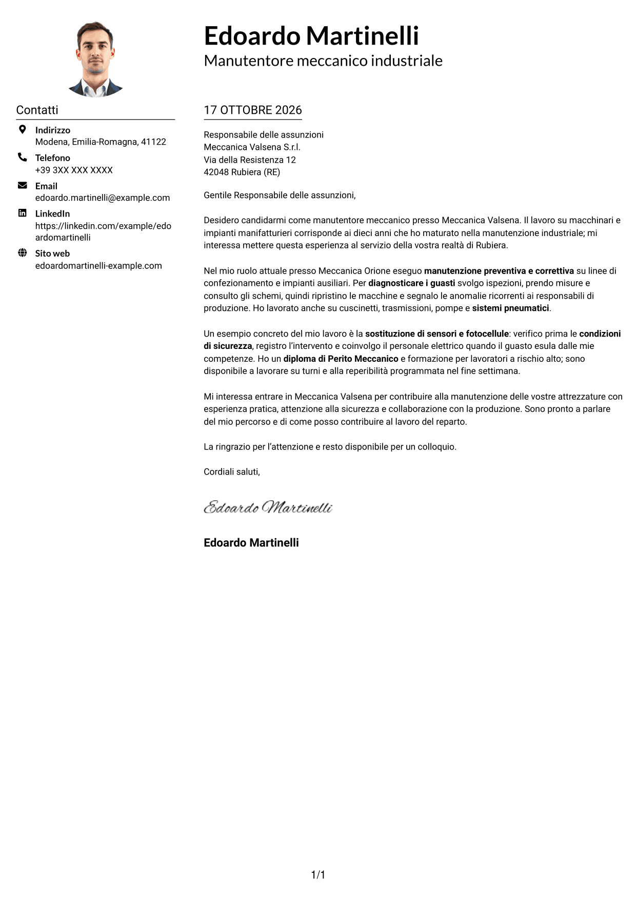 Esempio di lettera di presentazione — pagina 1
