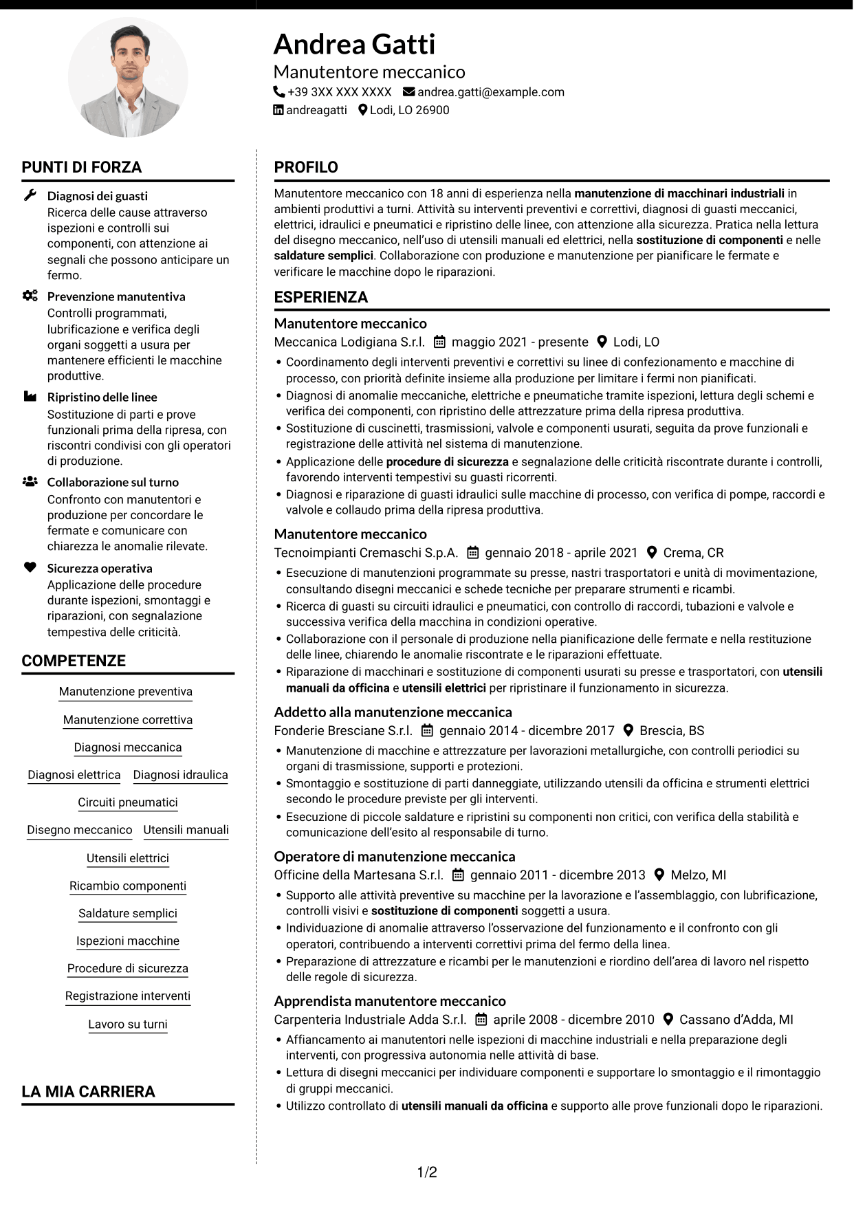 CV Moderno (formato a due colonne con foto a sinistra e separatore): Manutentore meccanico - Macchinari industriali, pagina 1