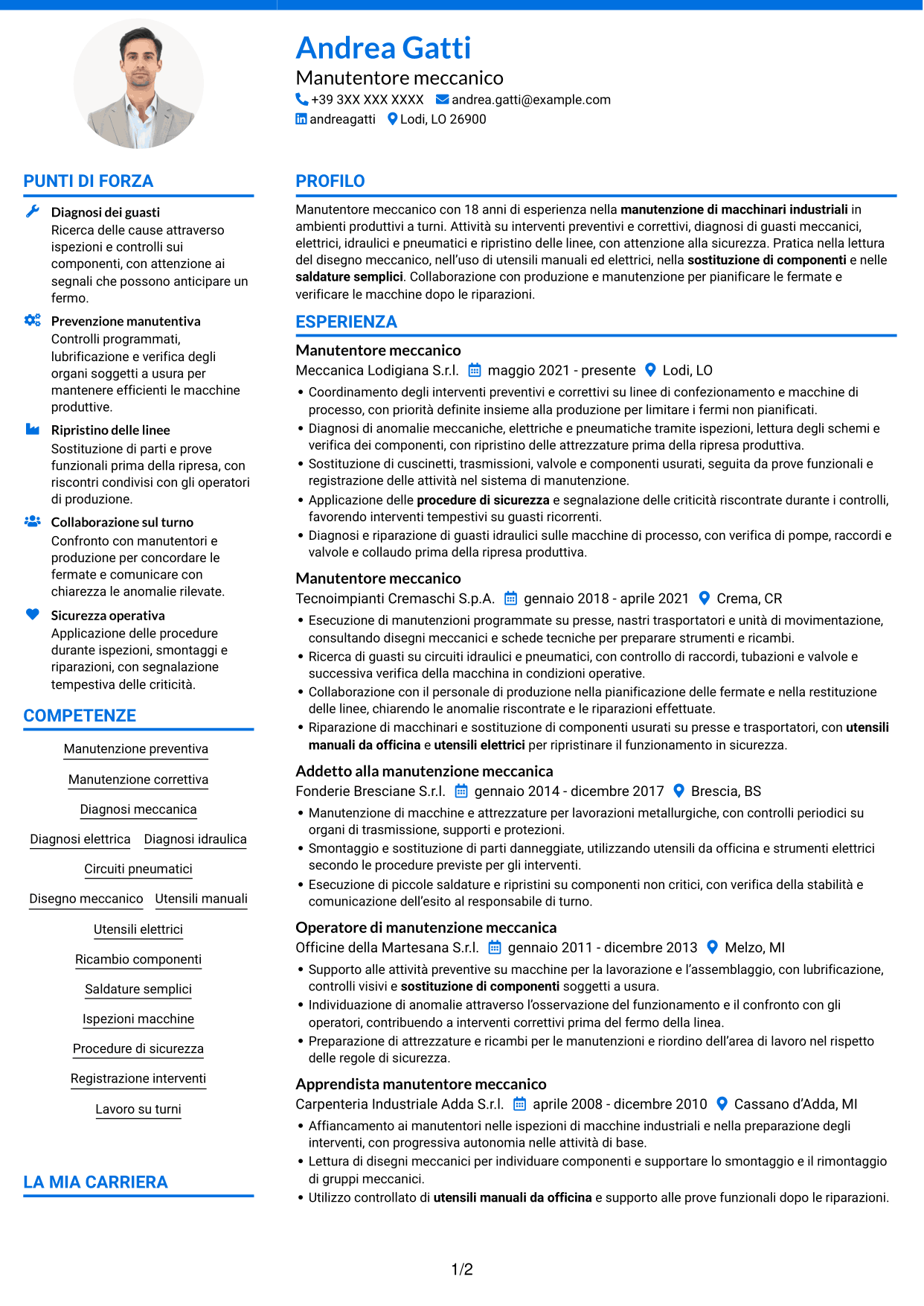 CV Audace (formato a due colonne con accenti colorati e foto): Manutentore meccanico - Macchinari industriali, pagina 1