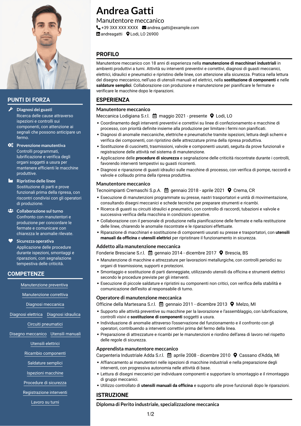 CV Signature (formato con colonna laterale colorata e foto grande): Manutentore meccanico - Macchinari industriali, pagina 1