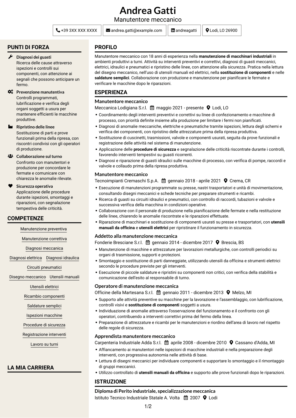 CV Intraprendente (formato a due colonne con intestazione centrata senza foto): Manutentore meccanico - Macchinari industriali, pagina 1