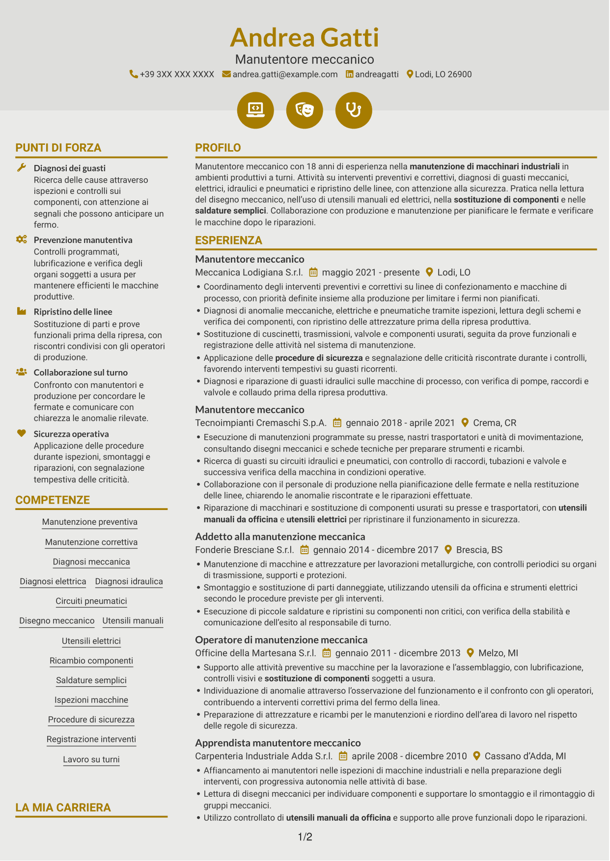 CV Dinamico (formato a due colonne con icone): Manutentore meccanico - Macchinari industriali, pagina 1