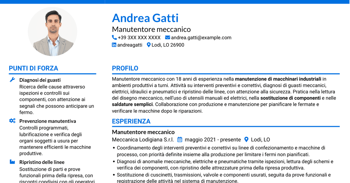 7 modelli di CV per Manutentore meccanico - Macchinari industriali, con esempi