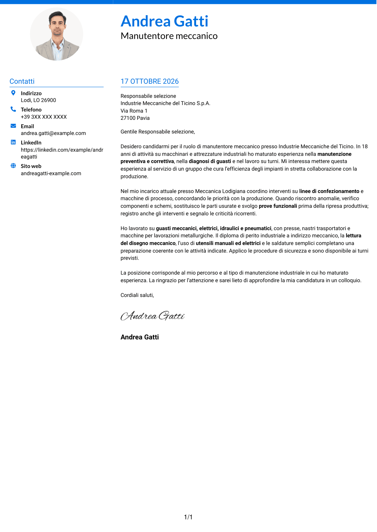 Lettera di presentazione Audace (formato a due colonne con accenti colorati e foto): Manutentore meccanico - Macchinari industriali, pagina 1