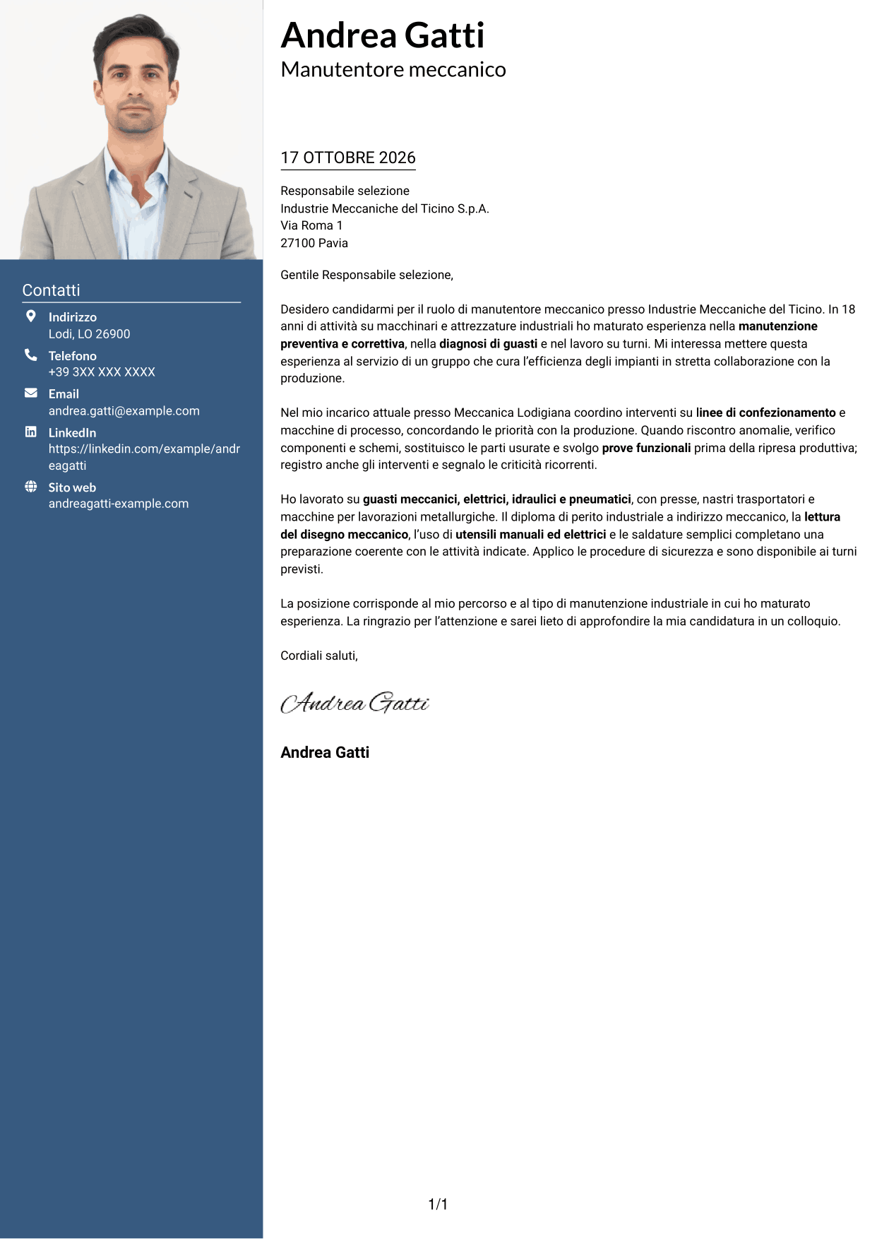 Lettera di presentazione Signature (formato con colonna laterale colorata e foto grande): Manutentore meccanico - Macchinari industriali, pagina 1