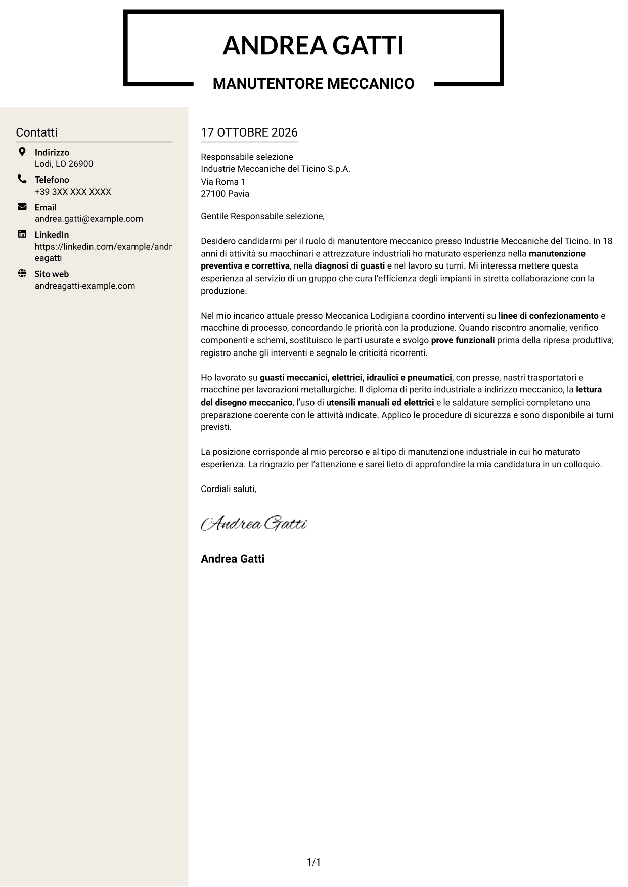 Lettera di presentazione Intraprendente (formato a due colonne con intestazione centrata senza foto): Manutentore meccanico - Macchinari industriali, pagina 1