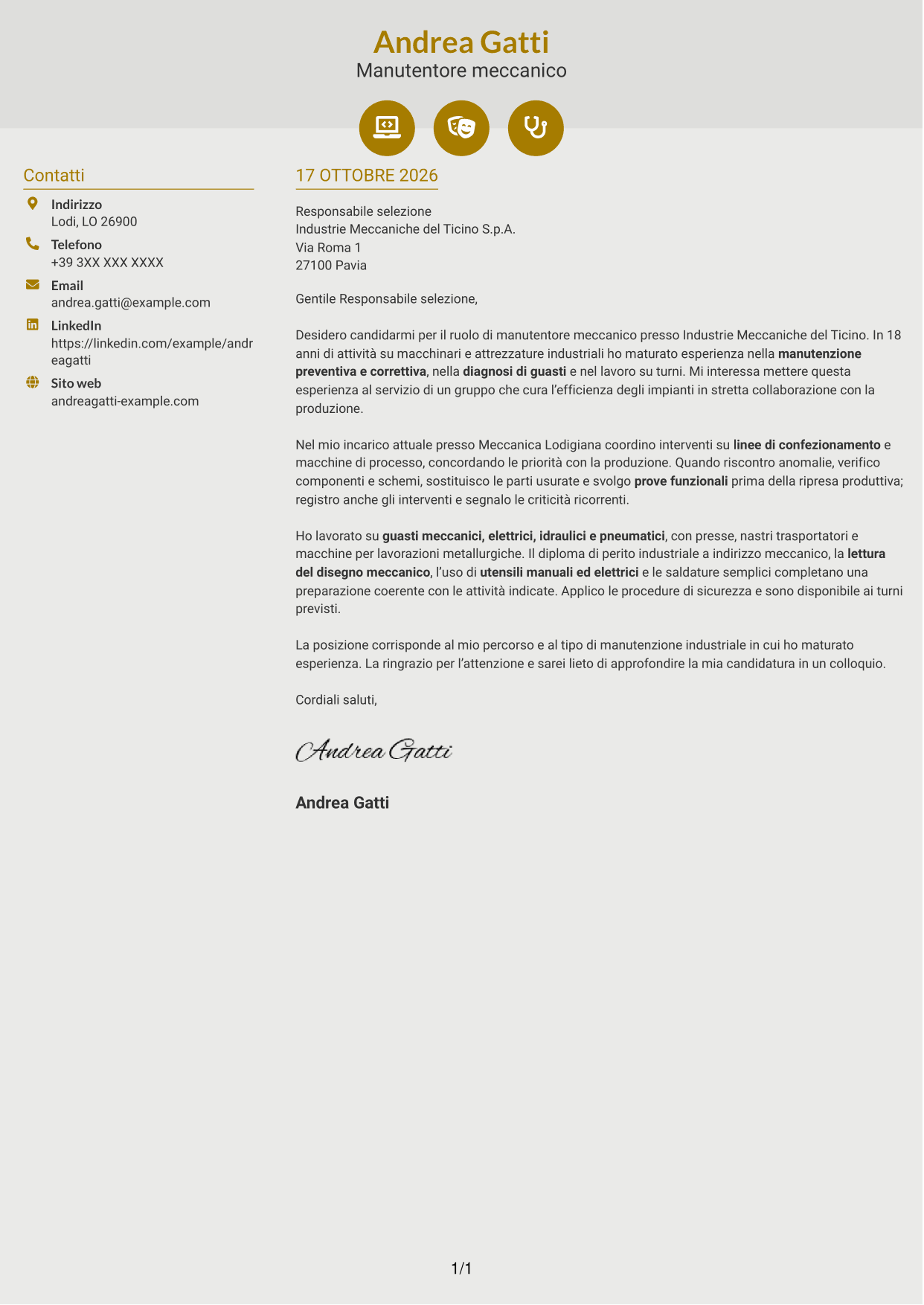 Lettera di presentazione Dinamico (formato a due colonne con icone): Manutentore meccanico - Macchinari industriali, pagina 1