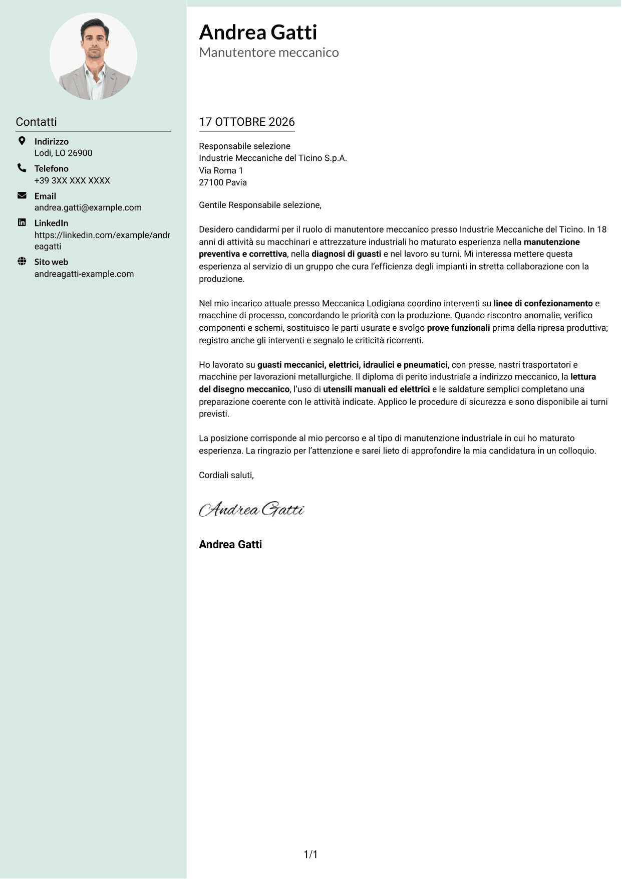 Lettera di presentazione Dirigente (formato con colonna laterale tenue e foto arrotondata): Manutentore meccanico - Macchinari industriali, pagina 1