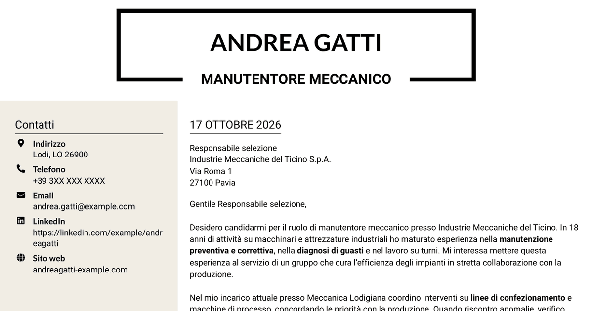 7 modelli di lettera di presentazione per Manutentore meccanico - Macchinari industriali, con esempi