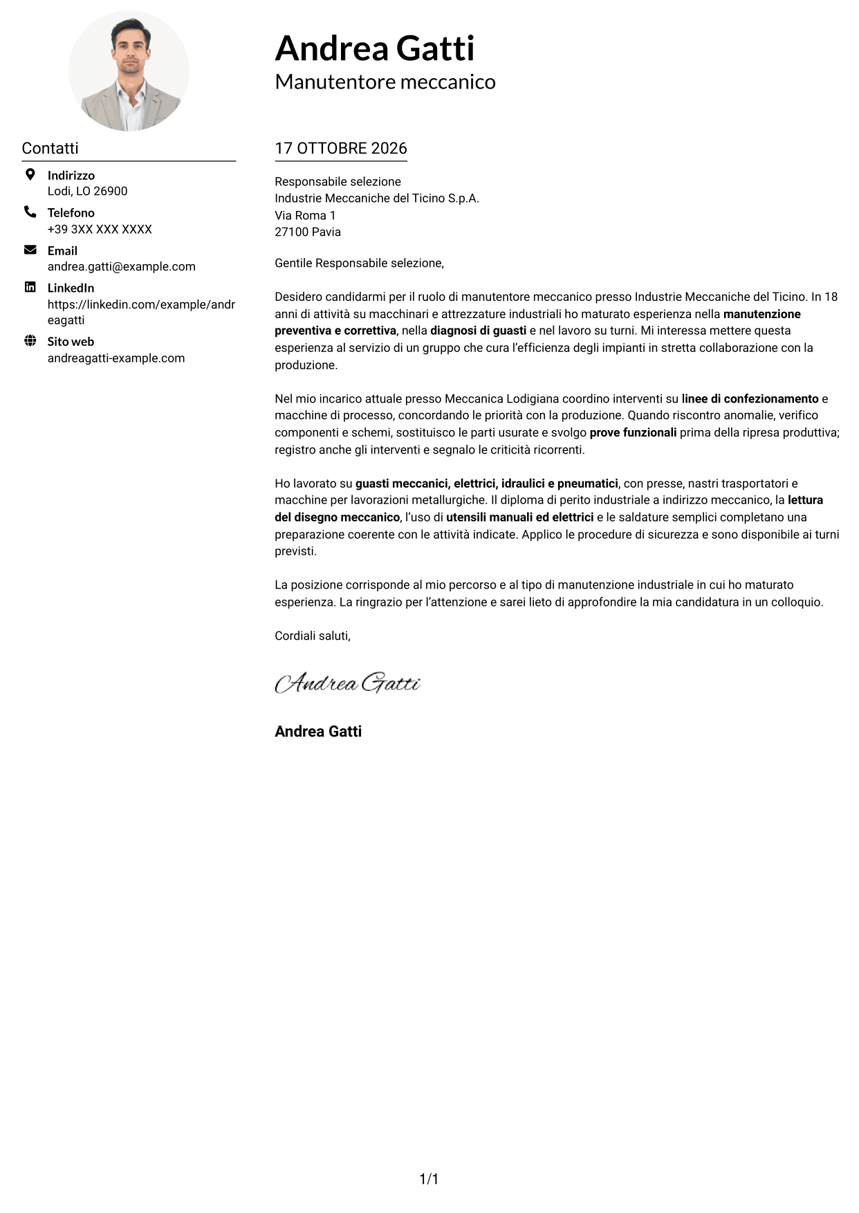 Esempio di lettera di presentazione — pagina 1