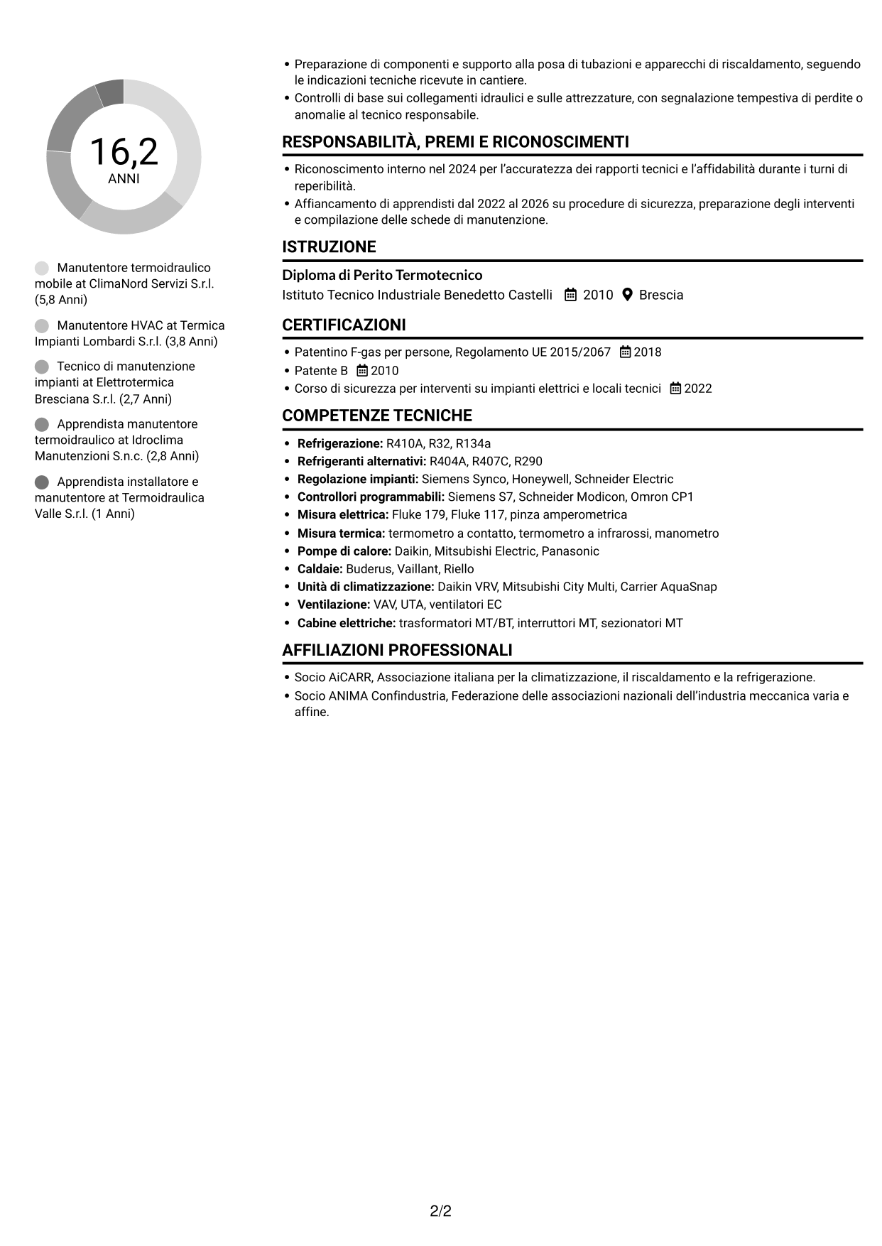 CV Compatto (formato sobrio a due colonne con foto): Manutentore Termoidraulico Mobile - Impianti HVAC, pagina 2