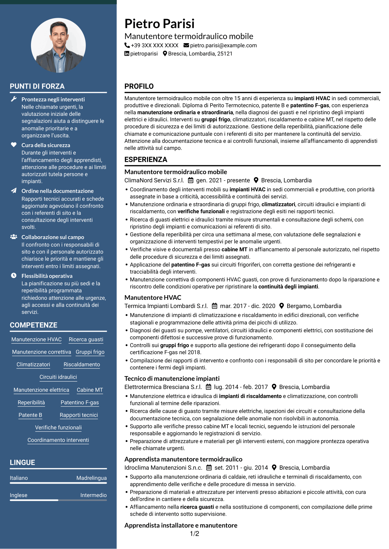 CV Elegante (formato con colonna laterale colorata e foto): Manutentore Termoidraulico Mobile - Impianti HVAC, pagina 1