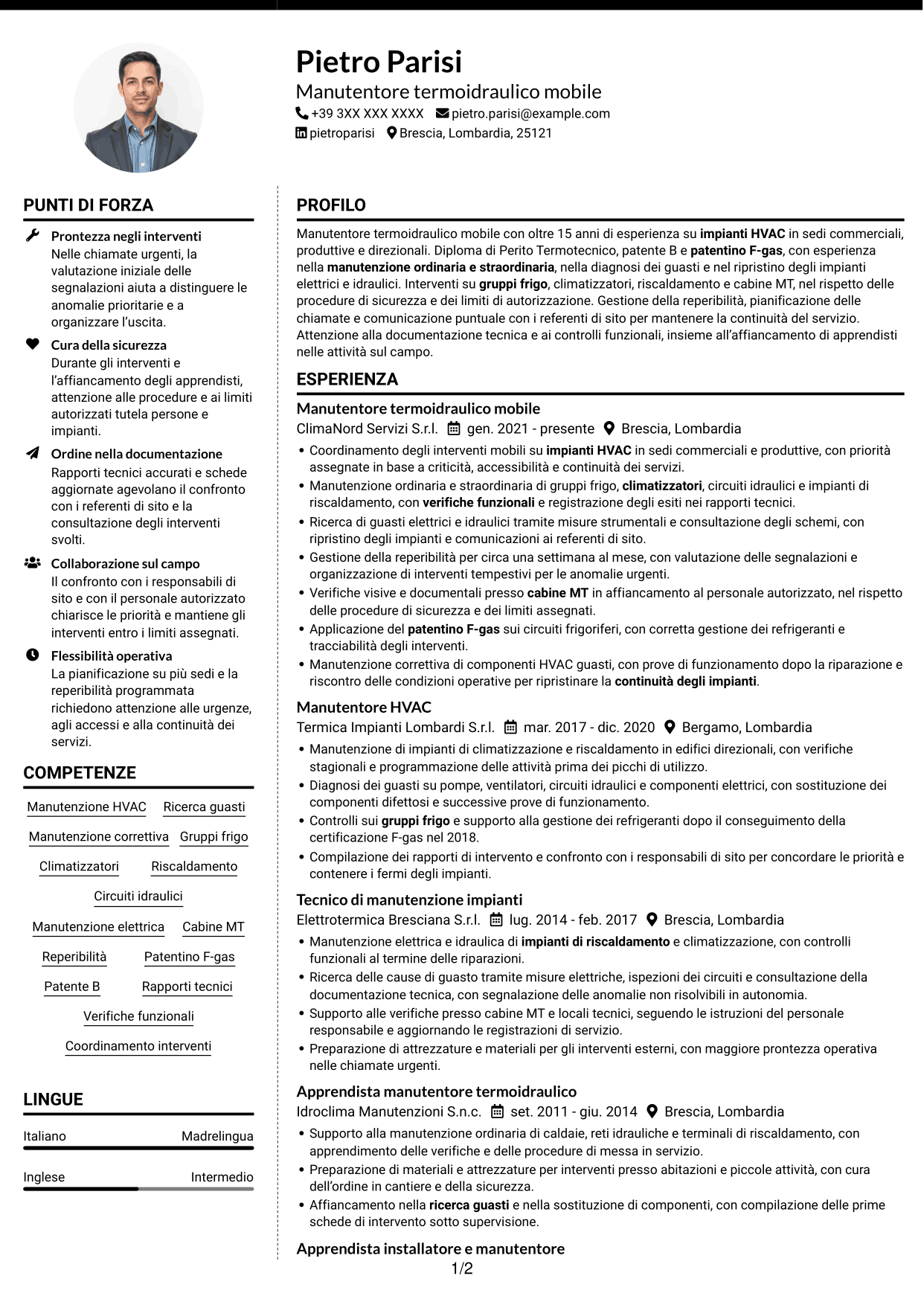 CV Moderno (formato a due colonne con foto a sinistra e separatore): Manutentore Termoidraulico Mobile - Impianti HVAC, pagina 1