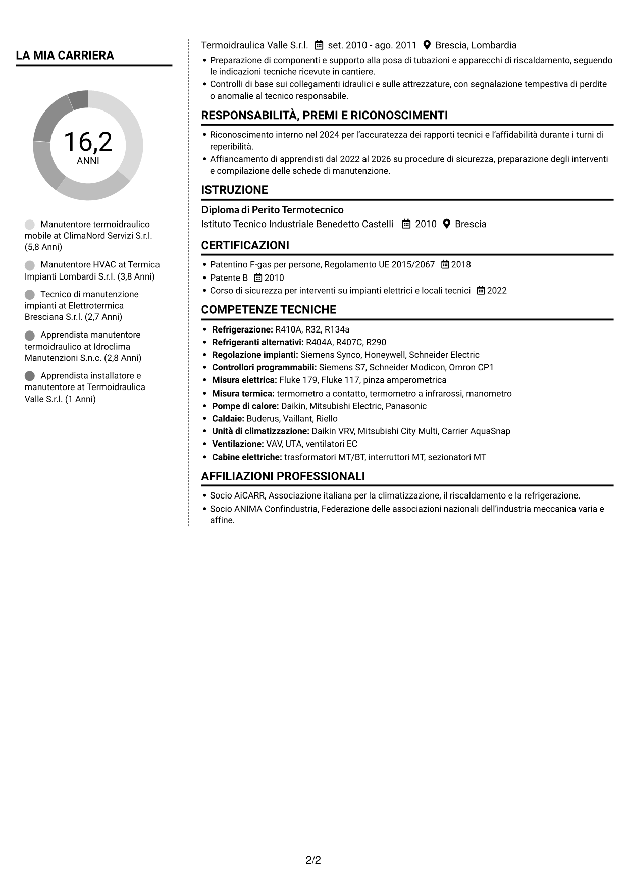 CV Moderno (formato a due colonne con foto a sinistra e separatore): Manutentore Termoidraulico Mobile - Impianti HVAC, pagina 2