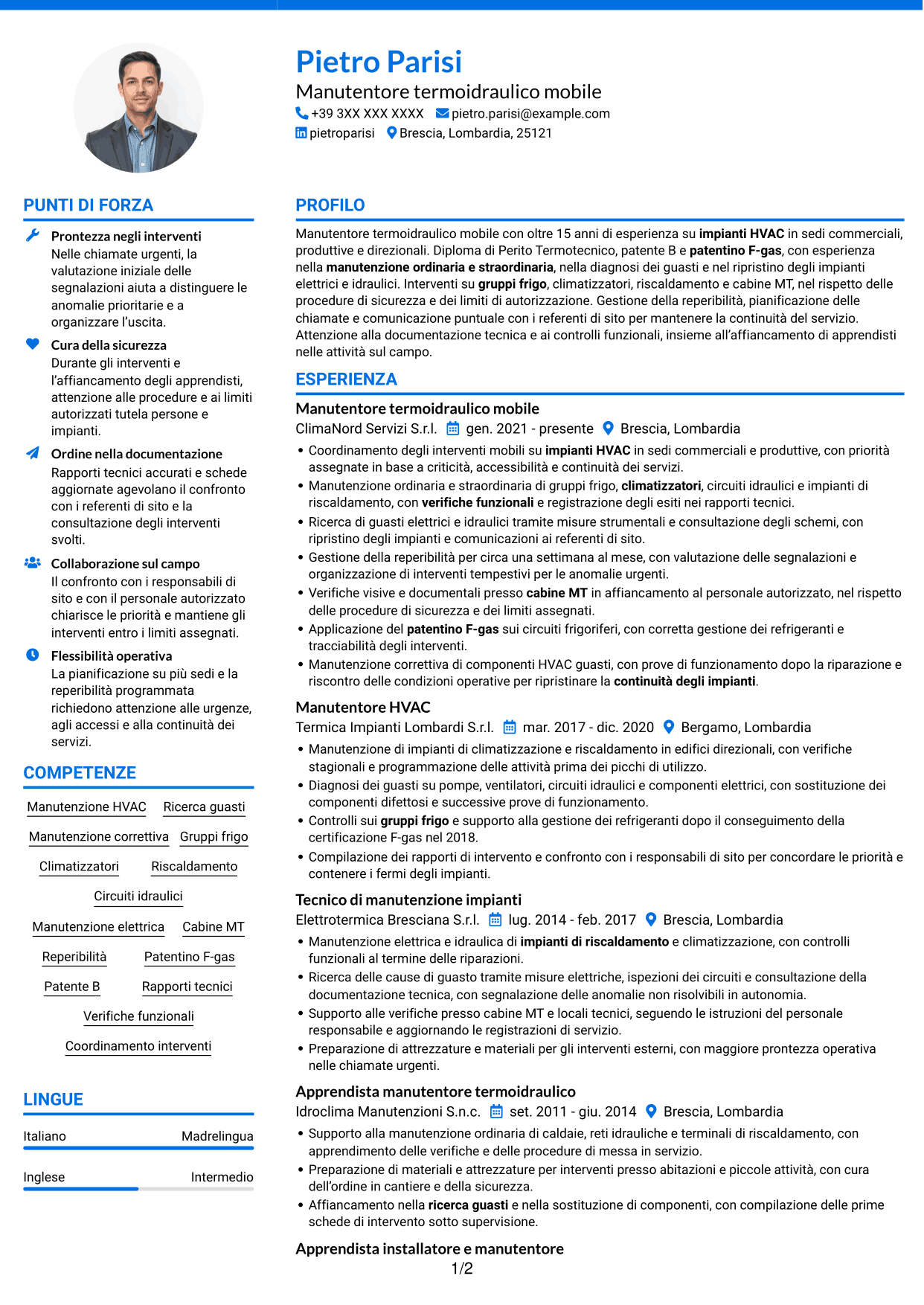 CV Audace (formato a due colonne con accenti colorati e foto): Manutentore Termoidraulico Mobile - Impianti HVAC, pagina 1