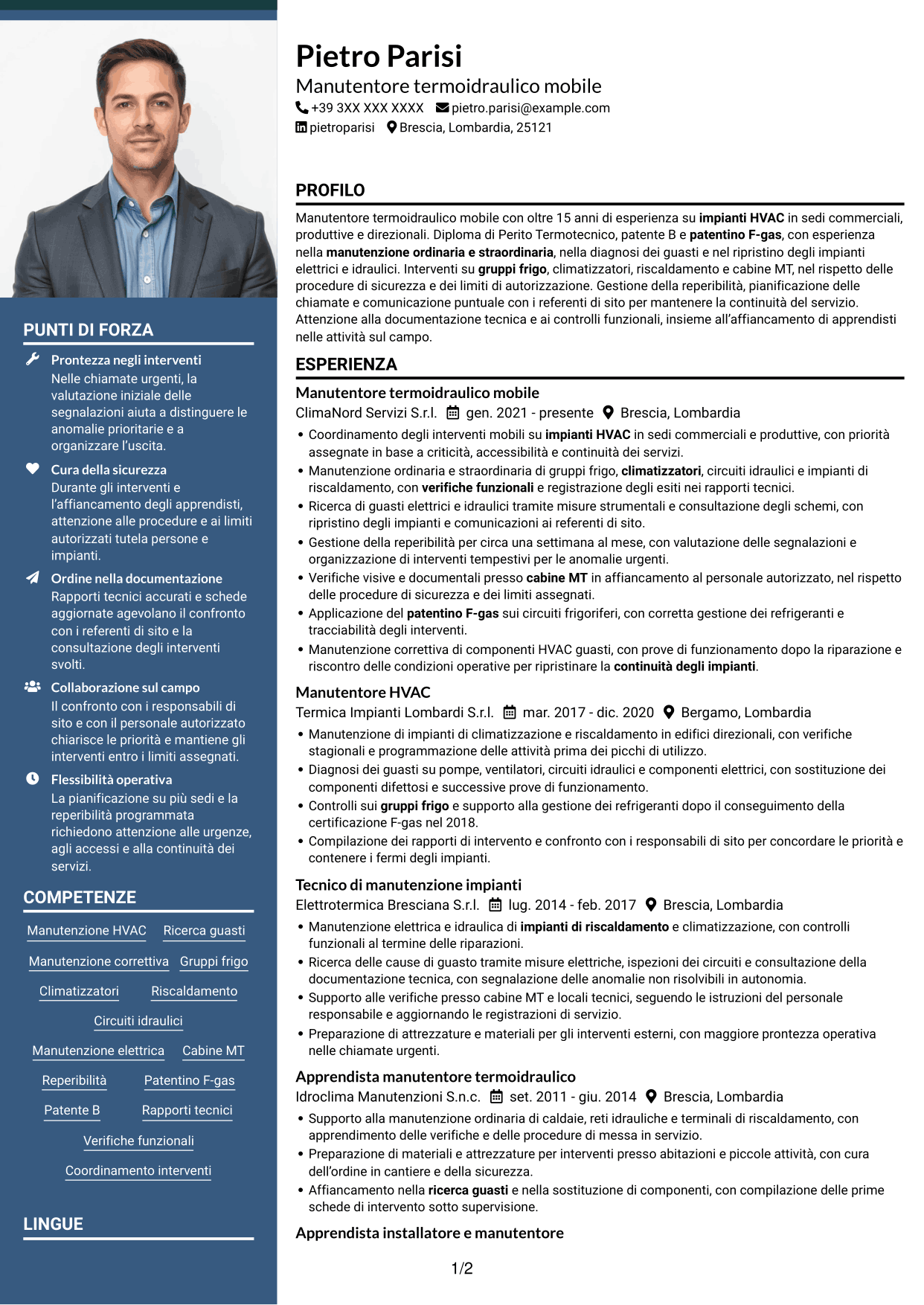 CV Signature (formato con colonna laterale colorata e foto grande): Manutentore Termoidraulico Mobile - Impianti HVAC, pagina 1