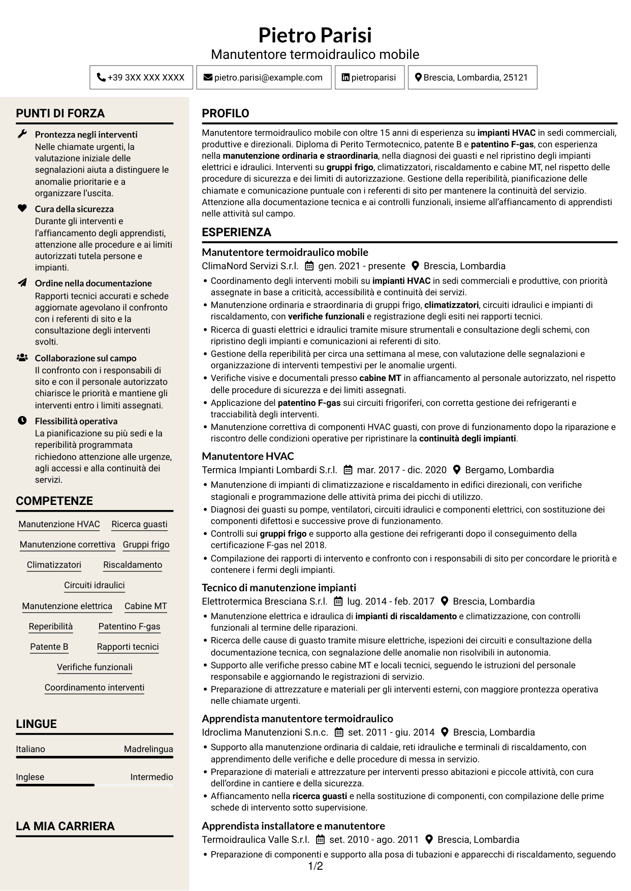 CV Intraprendente (formato a due colonne con intestazione centrata senza foto): Manutentore Termoidraulico Mobile - Impianti HVAC, pagina 1