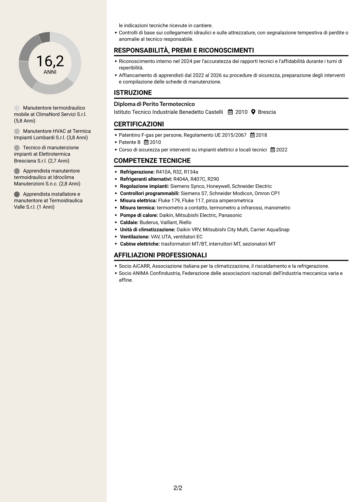 CV Intraprendente (formato a due colonne con intestazione centrata senza foto): Manutentore Termoidraulico Mobile - Impianti HVAC, pagina 2
