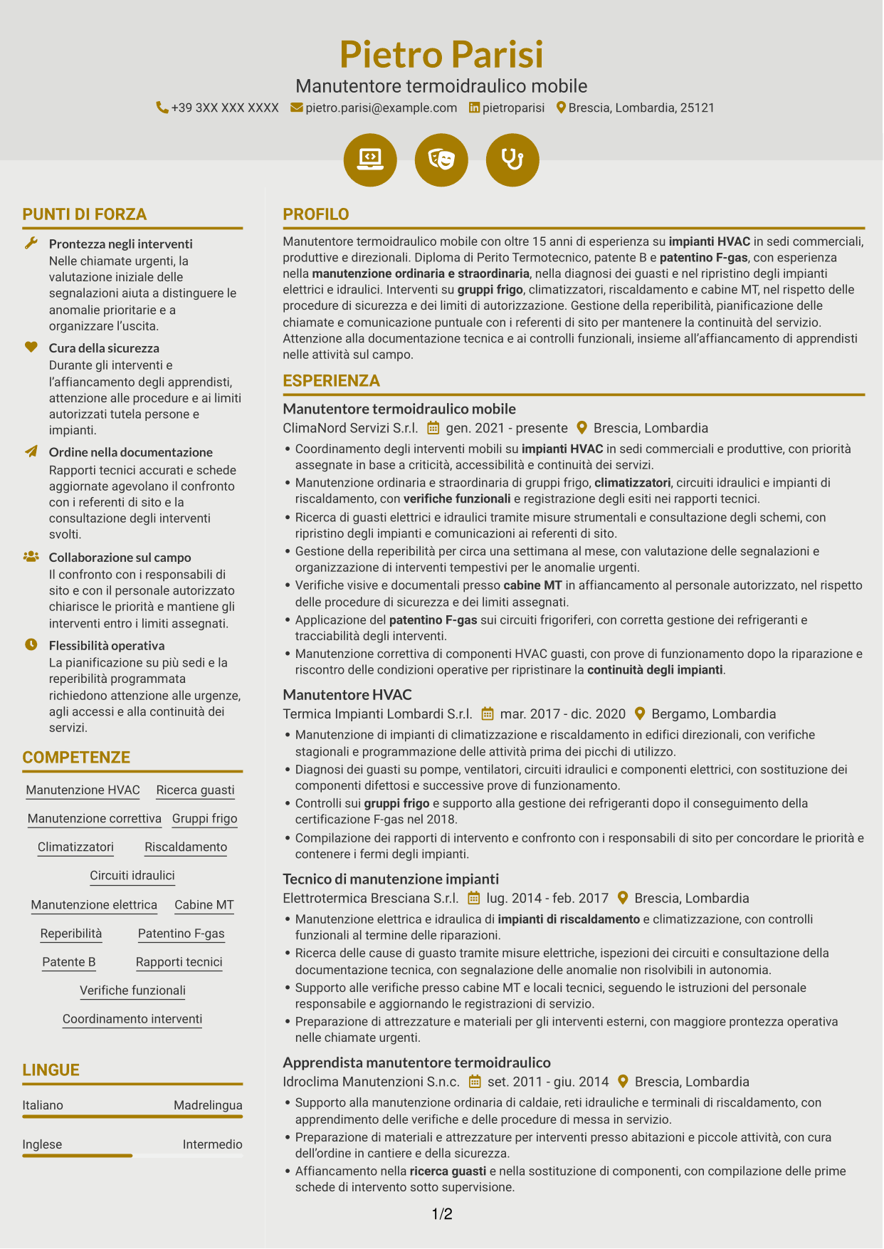 CV Dinamico (formato a due colonne con icone): Manutentore Termoidraulico Mobile - Impianti HVAC, pagina 1