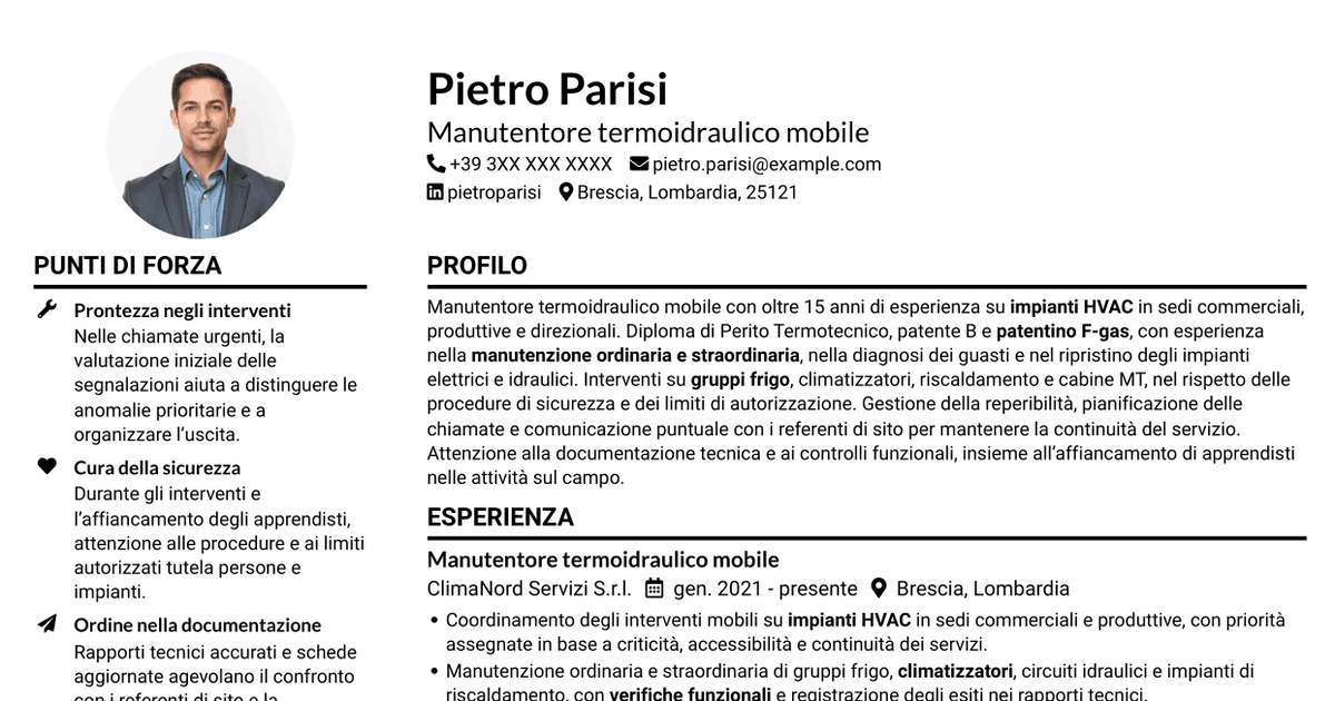 7 modelli di CV per Manutentore Termoidraulico Mobile - Impianti HVAC, con esempi