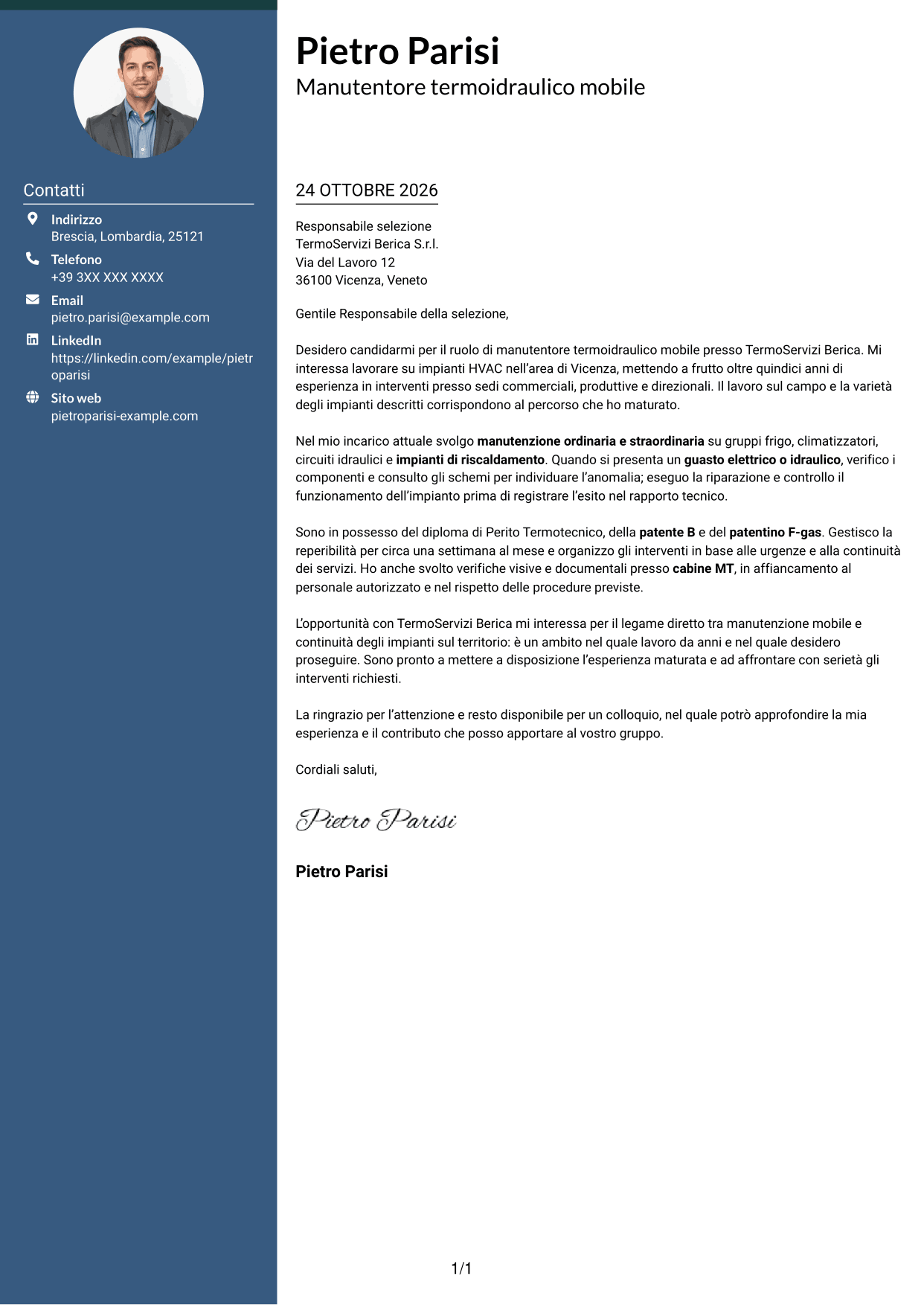 Lettera di presentazione Elegante (formato con colonna laterale colorata e foto): Manutentore Termoidraulico Mobile - Impianti HVAC, pagina 1