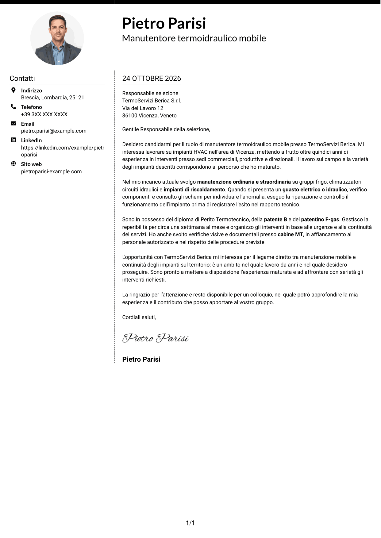 Lettera di presentazione Moderno (formato a due colonne con foto a sinistra e separatore): Manutentore Termoidraulico Mobile - Impianti HVAC, pagina 1
