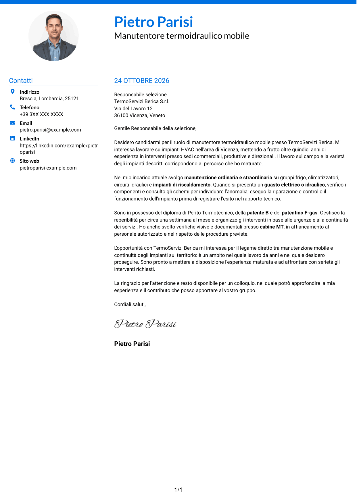 Lettera di presentazione Audace (formato a due colonne con accenti colorati e foto): Manutentore Termoidraulico Mobile - Impianti HVAC, pagina 1