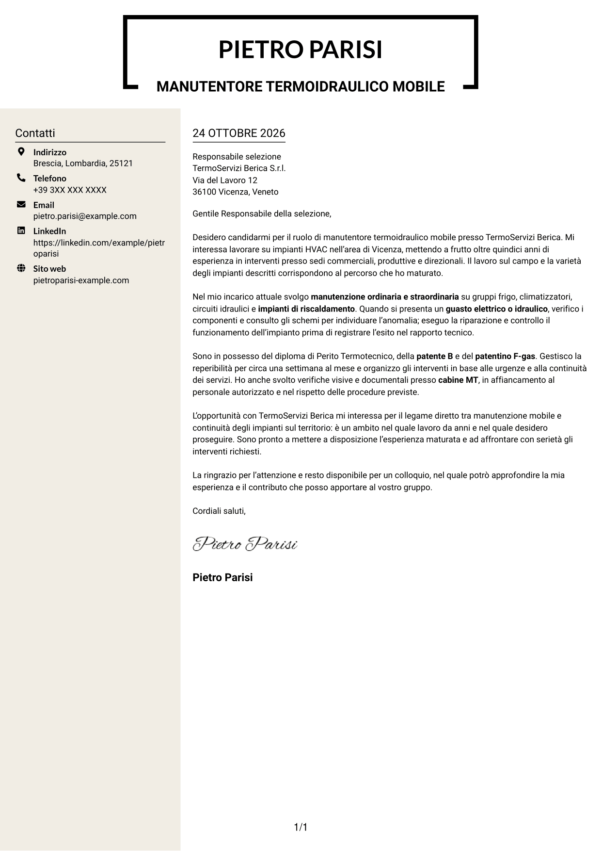 Lettera di presentazione Intraprendente (formato a due colonne con intestazione centrata senza foto): Manutentore Termoidraulico Mobile - Impianti HVAC, pagina 1