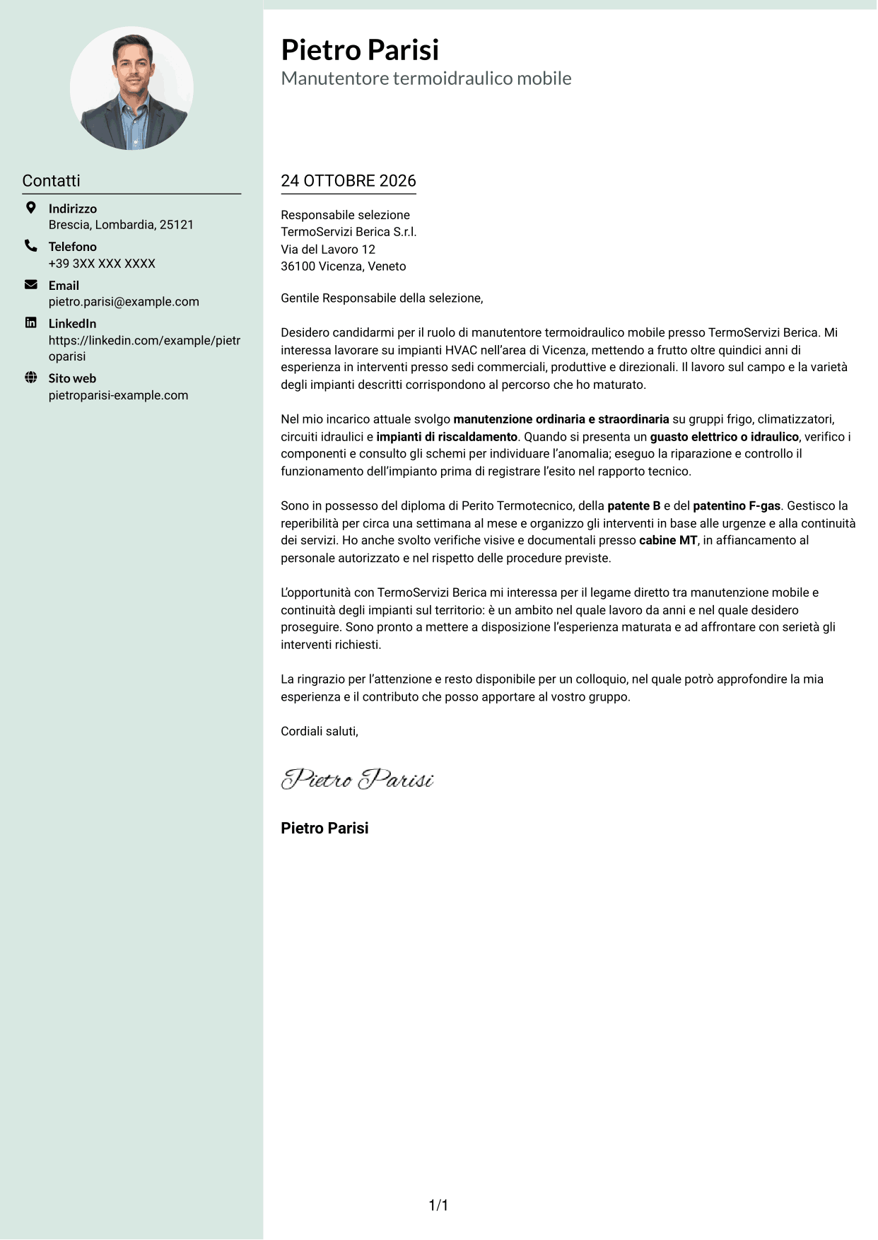 Lettera di presentazione Dirigente (formato con colonna laterale tenue e foto arrotondata): Manutentore Termoidraulico Mobile - Impianti HVAC, pagina 1