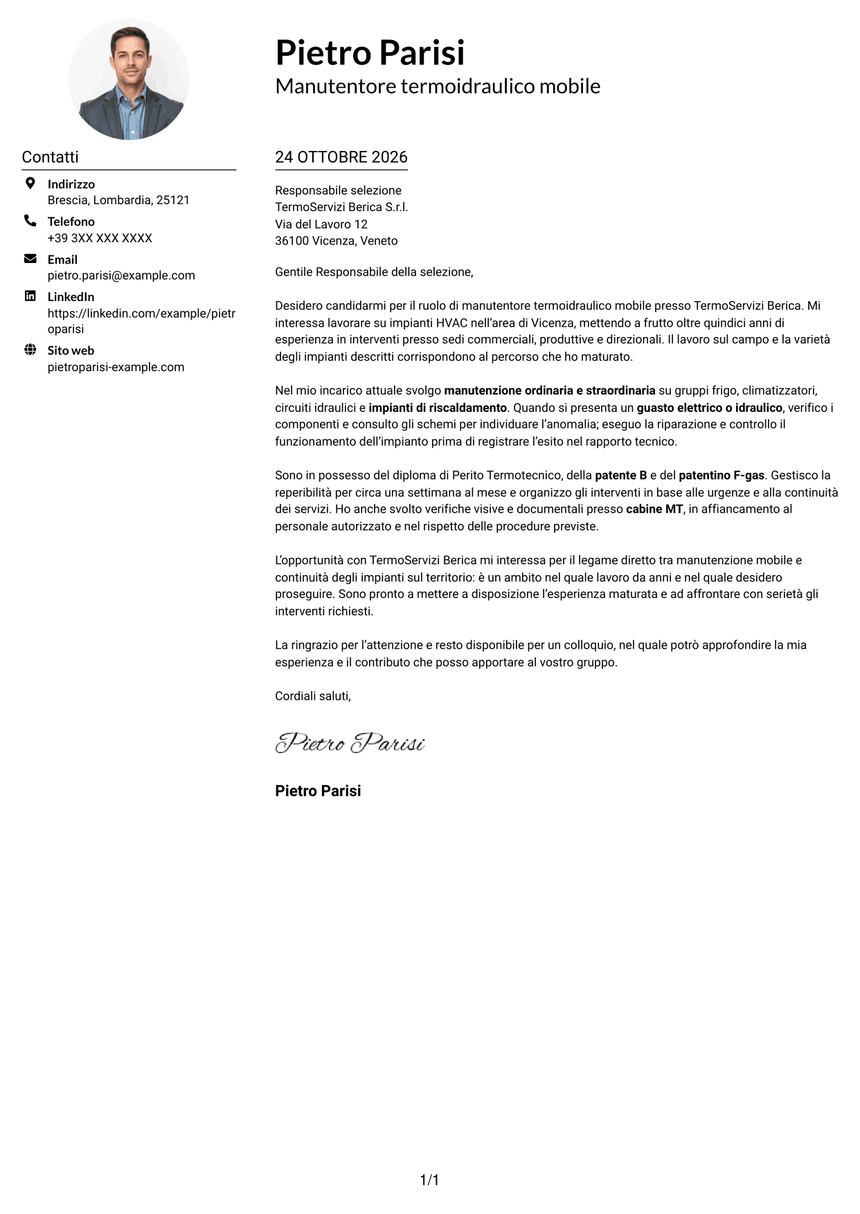 Esempio di lettera di presentazione — pagina 1