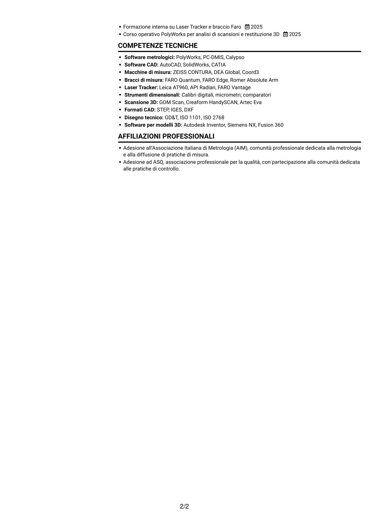 CV Compatto (formato sobrio a due colonne con foto): Metrologo - Controllo dimensionale e rilievi 3D, pagina 2