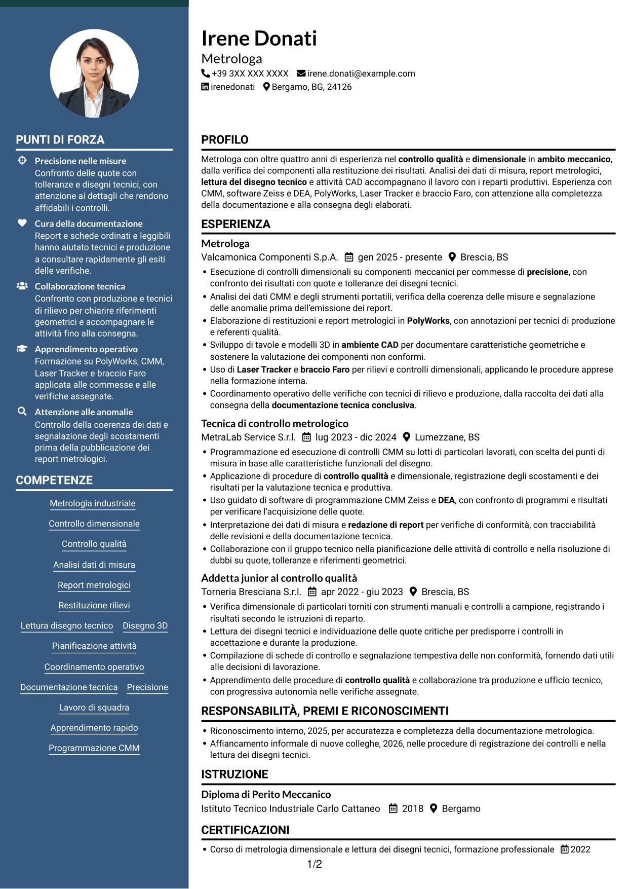 CV Elegante (formato con colonna laterale colorata e foto): Metrologo - Controllo dimensionale e rilievi 3D, pagina 1